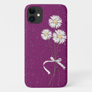 Capa Para iPhone 11 margaridas brancas com gotas de chuva em magenta