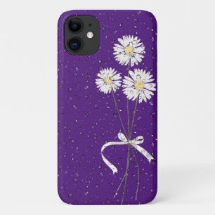 Capa Para iPhone 11 margaridas brancas com gotas de chuva em roxo