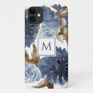 Capa Para iPhone 11 Marinho Azul Floral Watercolor Foliage Inicial