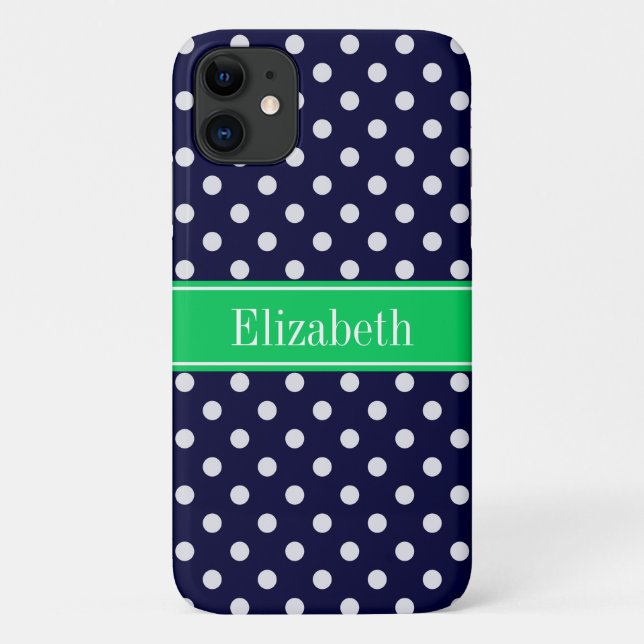 Capa Para iPhone 11 Marinho Azul Wt Bolinhas Esmerald Verde Nome Monog (Verso)