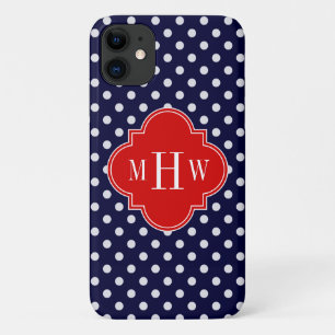 Capa Para iPhone 11 Marinho Bolinhas Branco Vermelho Quatrefoil 3 Mono