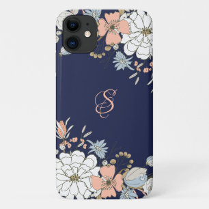 Capa Para iPhone 11 Marinho Cor-de-Rosa Azul Floral Personalizado