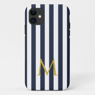 Capa Para iPhone 11 Marinho do Monograma da Vintage, , Stripes Azul e