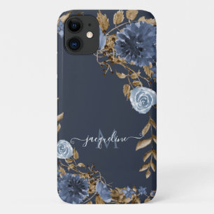Capa Para iPhone 11 Marinho Floral Nome de Cor de Água Elegante Azul 