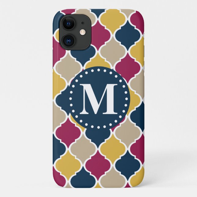 Capa Para iPhone 11 Marinho Fuchsia Monograma de Latice marroquino (Verso)