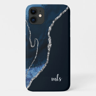 Capa Para iPhone 11 Marinho Monograma Azul Prata Brilhante Moderno