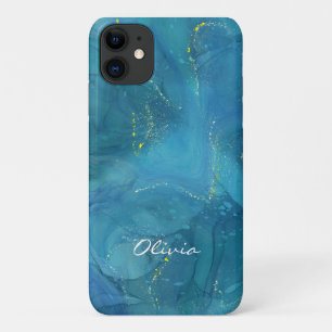 Capa Para iPhone 11 Mármore Azul Glamoroso Dourado Sparkle Personaliza