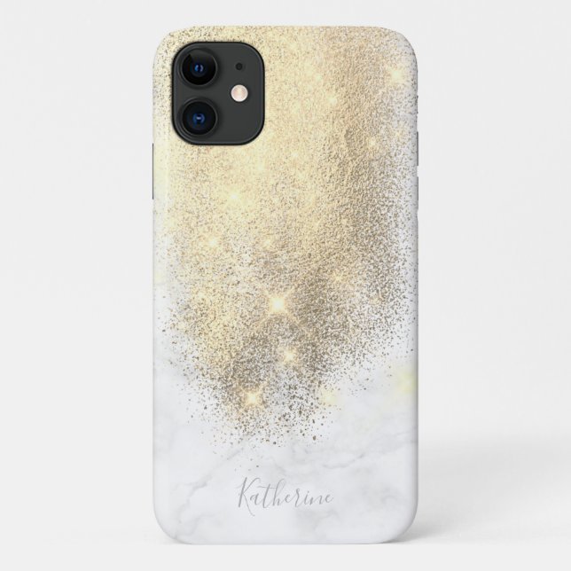 Capa Para iPhone 11 Mármore branco com brilho dourado personalizado el (Verso)