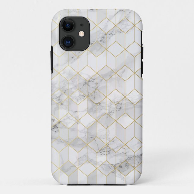 Capa Para iPhone 11 Mármore branco com teste padrão Dourado do cubo (Verso)
