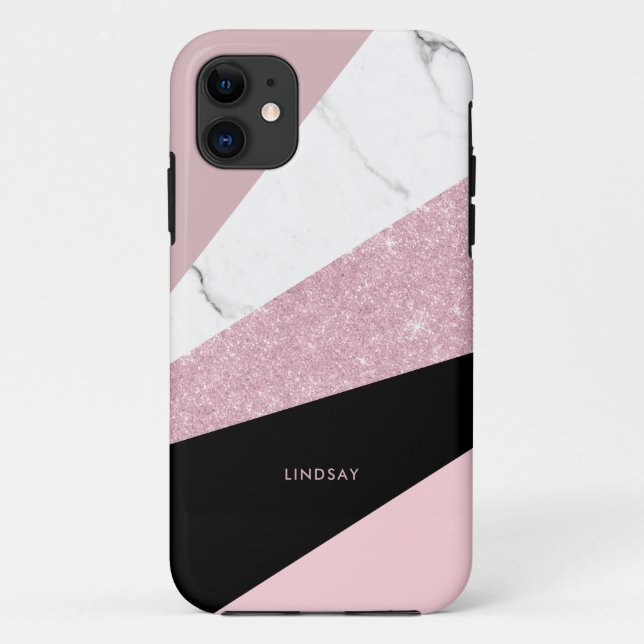 Capa Para iPhone 11 Mármore branco-reluzente rosa geométrico moderno (Verso)