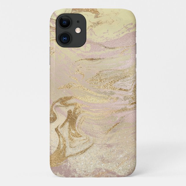 Capa Para iPhone 11 Mármore e brilho de ouro e rosa (Verso)