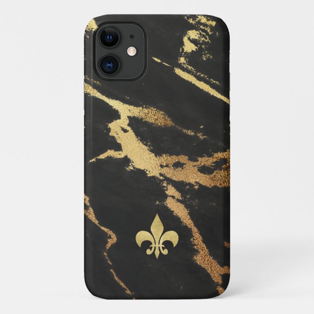 Capa Para iPhone 11 Mármore Negro Dourado com Fleur de lis (Verso)