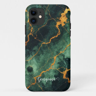 Capa Para iPhone 11 Mármore Verde e Dourado da Floresta Automática Per