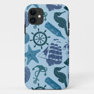 Capa Para iPhone 11 Máscaras náuticas do teste padrão azul