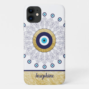 Capa Para iPhone 11 Mau Olho Dourado e Na moda Azul Mandala Design