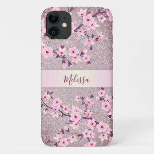 Capa Para iPhone 11 Mauve Glitter Floral Cereja Blossoms Monograma