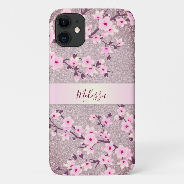 Capa Para iPhone 11 Mauve Glitter Floral Cherry Blossoms Monograma (Verso)