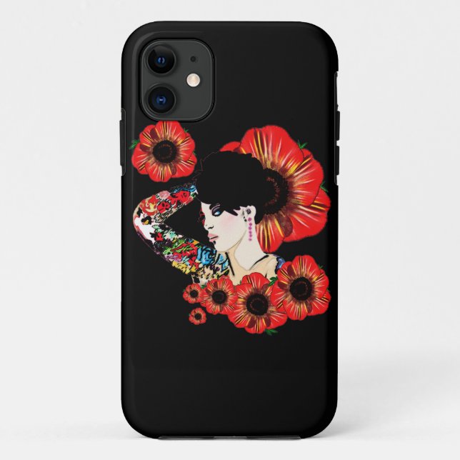 Capa Para iPhone 11 Menina com tinta de tatuagem entre flores de papou (Verso)