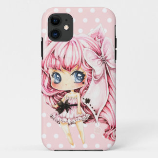 Capa Para iPhone 11 Menina cor-de-rosa-de cabelo bonito do chibi do
