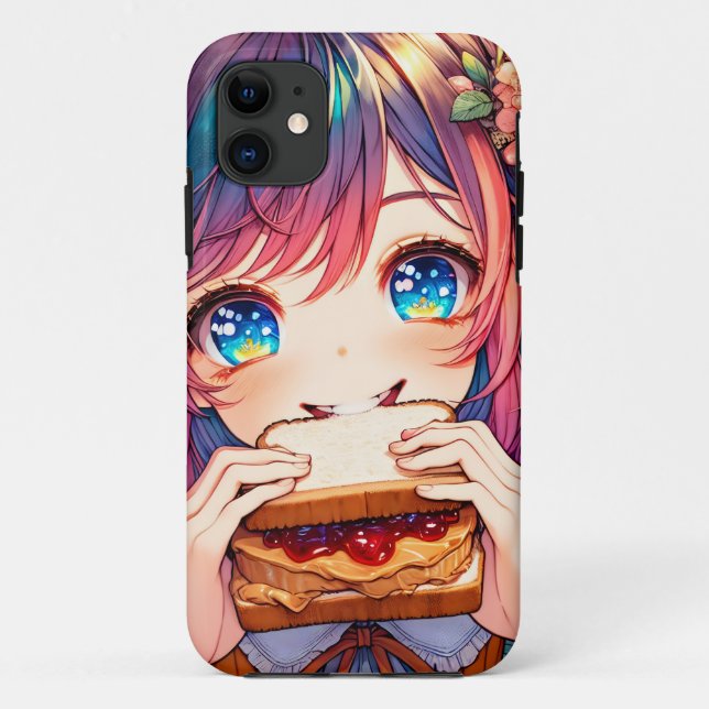 Capa Para iPhone 11 Menina de anime fofa comendo manteiga de amendoim  (Verso)