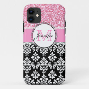 Capa Para iPhone 11 Menina, Rosa, Negro Brilhante, Damasco Personaliza