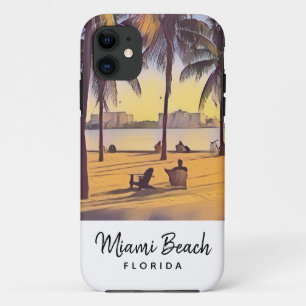 Capa Para iPhone 11 Miami Beach Flórida Vintage Watercolor Art