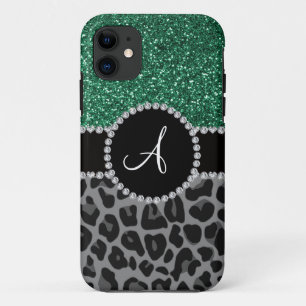 Capa Para iPhone 11 Minério preto do monograma, reluzente verde