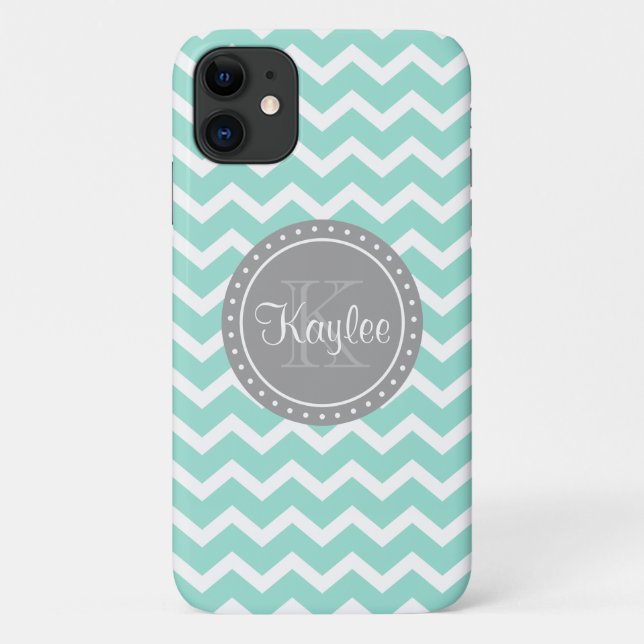 Capa Para iPhone 11 Mint Chevron Cinza Monograma (Verso)