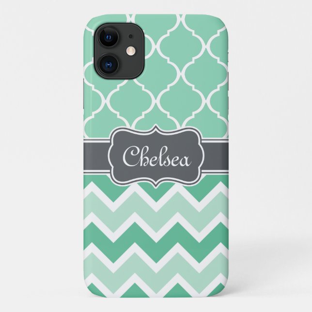 Capa Para iPhone 11 Mint Chevron e Lattice - Nome da Cinza Padrão (Verso)