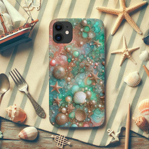 Capa Para iPhone 11 Mint Seafoam E Starfish Glitter Dourado