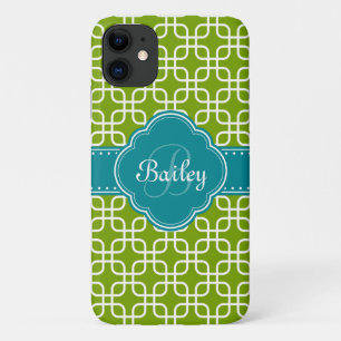 Capa Para iPhone 11 Mod Green - Padrão Teal Quatrefoil Monograma