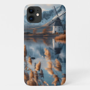 Capa Para iPhone 11 Moinho de vento num lago com paisagem montanhosa