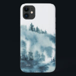 Capa Para iPhone 11 Mola Azul Azul Monograma da Floresta de Inverno<br><div class="desc">Capas de iphone personalizável com ilustração aquosa da floresta azul de inverno. Personalize adicionando nomes ou monogramas. Esta capa de telefone floral da floresta será perfeita como um presente personalizado.</div>
