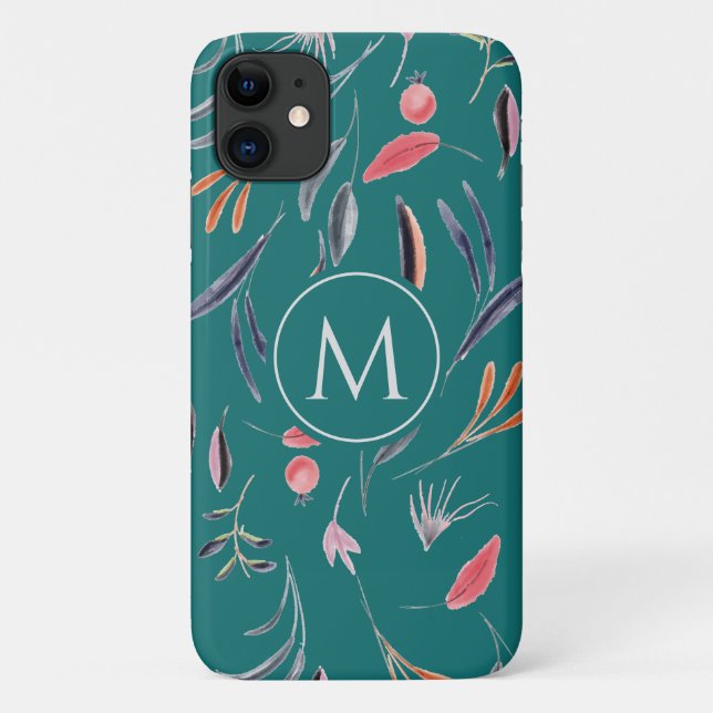 Capa Para iPhone 11 MonOGRAM Floral Azul Teal Personalizada (Verso)