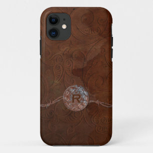 Capa Para iPhone 11 Monograma antigo rústico do couro gravado do olha