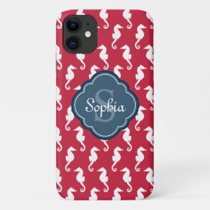 Capa Para iPhone 11 Monograma Azul de Patterno Vermelho Único
