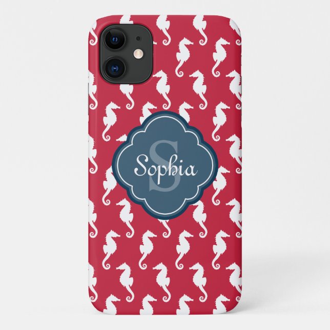 Capa Para iPhone 11 Monograma Azul de Patterno Vermelho Único (Verso)