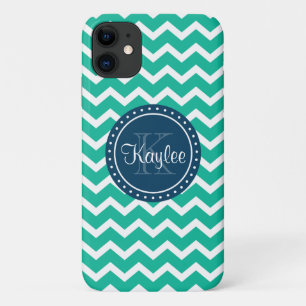 Capa Para iPhone 11 Monograma Azul Verde Chevron