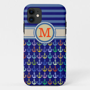 Capa Para iPhone 11 monograma azulado, âncoras e listras