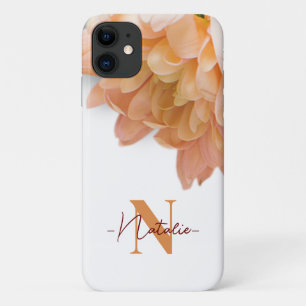 Capa Para iPhone 11 Monograma Belo branco e bege Floral para menina