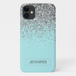 Capa Para iPhone 11 Monograma Blue Silver Glam Glitter