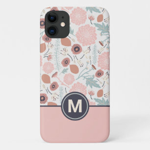 Capa Para iPhone 11 Monograma Botânico Floral de Creme Cor-de-Rosa Rep