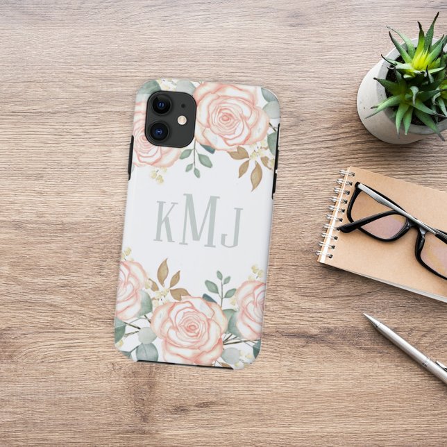 Capa Para iPhone 11 Monograma Botânico Na moda Verde Floral (Criador carregado)