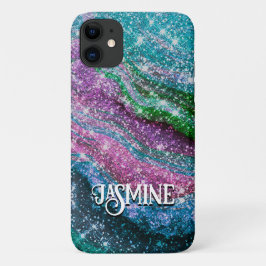 Capa Para iPhone 11 Monograma branco acinzentado azul púrpura Glitter