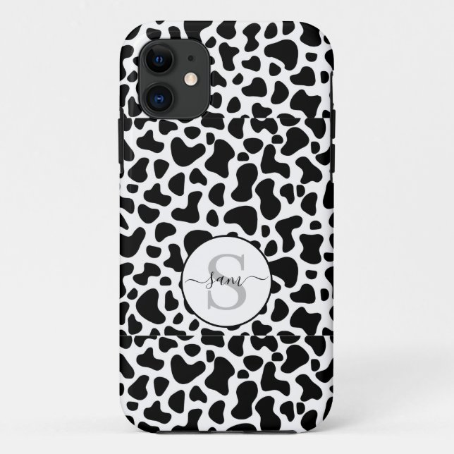 Capa Para iPhone 11 Monograma branco preto-vaca (Verso)