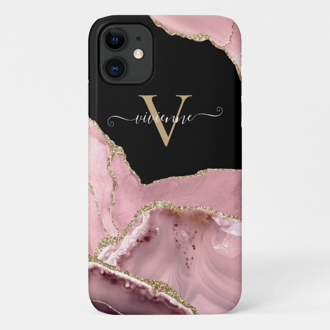 Capa Para iPhone 11 Monograma Brilhante de Ágata em Rosa Dourado (Verso)