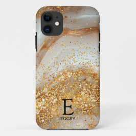 Capa Para iPhone 11 Monograma brilhante dourado mármore branco chic