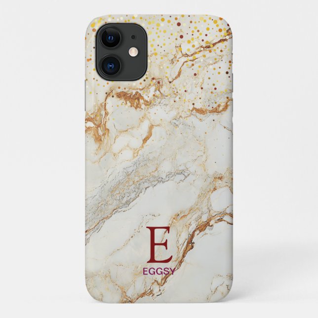 Capa Para iPhone 11 Monograma brilhante dourado mármore branco chic (Verso)