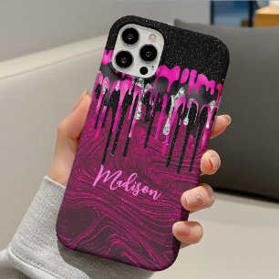 Capa Para iPhone 11 Monograma chique com pingentes de brilho rosa-choq