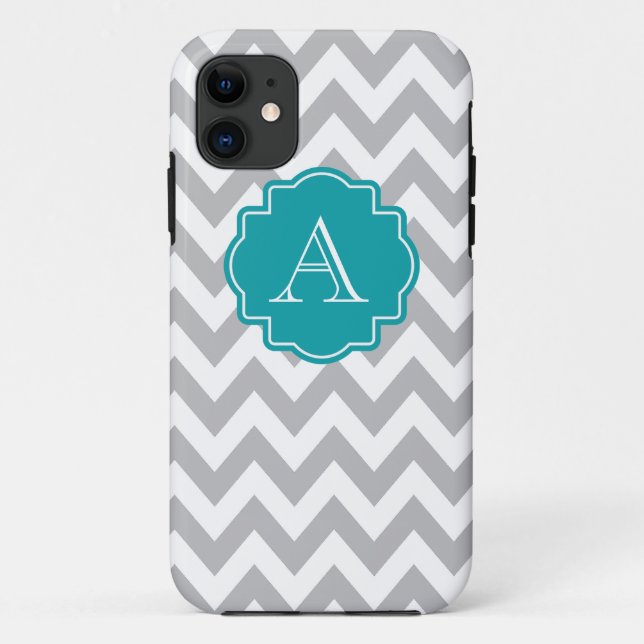 Capa Para iPhone 11 Monograma cinzento e branco da cerceta de Chevron (Verso)